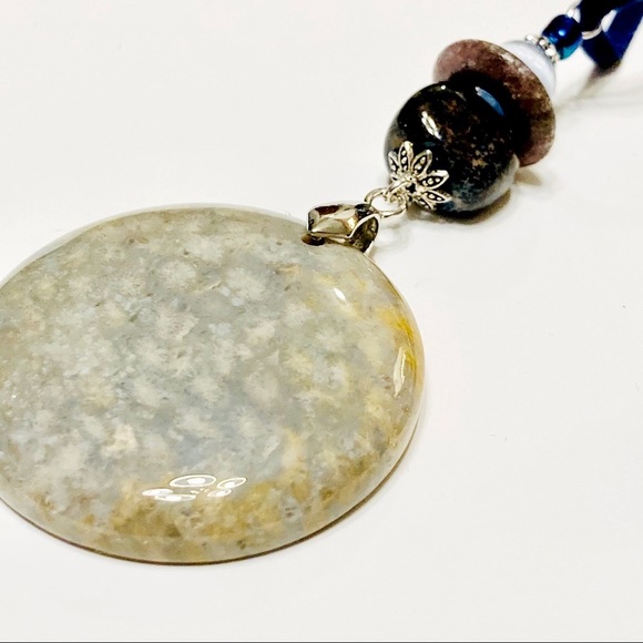 Navy Blue Brown & Gray Fossilized Coral Necklace & Matching Stone Earrings - Picture 11 of 14